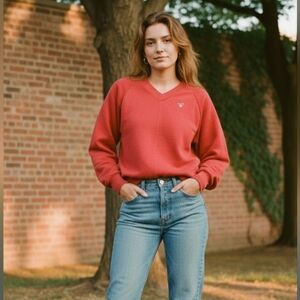 Vintage 70s 80s Wrangler Red V-Neck Sweatshirt Horse Logo‎ Made in USA Small S